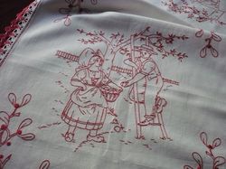 antique embroidered French table runner folk art