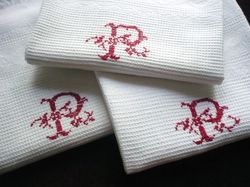 white cotton pique guest towels monogram P