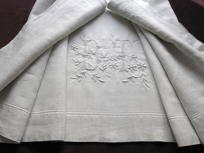 Antique French dove grey linen sheet with BT monogram