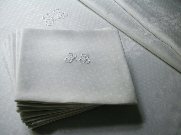 Antique French damask tablecloth and napkin set, monogram PB.