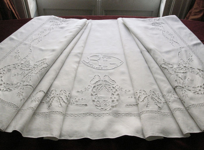 Richly Embroidered Antique Queen Linen Sheet, Monogram RL
