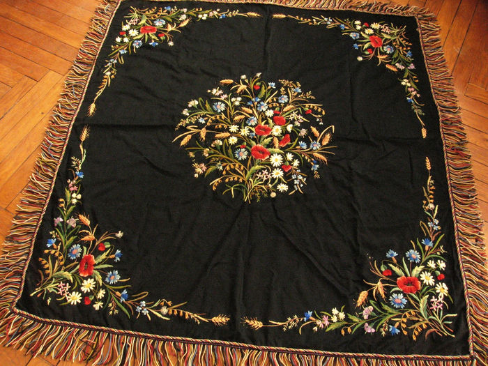 Antique embroidered table throw