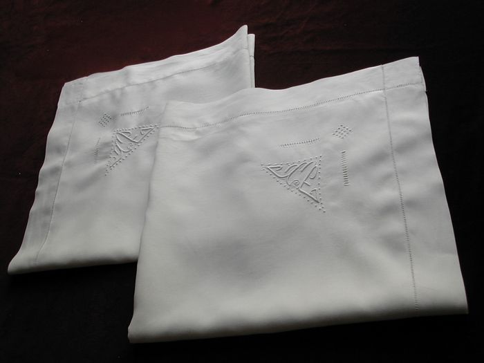 Pair antique French linen shams monogram TE
