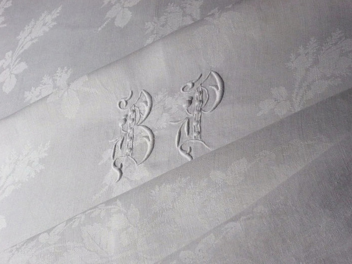 Antique linen damask tablecloth and napkin set, monogram BP