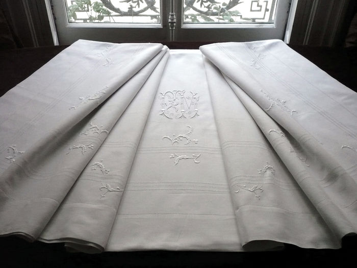 Antique holly embroidered sheet with FM monogram