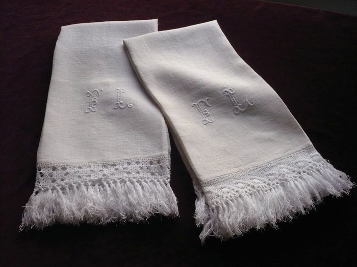 Antique rustic hemp guest towels monogram FL