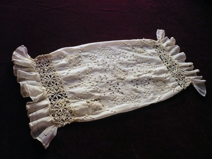 Romantic embroidered cotton voile boudoir bolster sham 19th c.