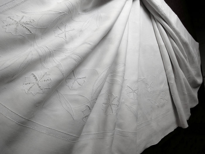 vintage French linen queen sheet embroidered flowers