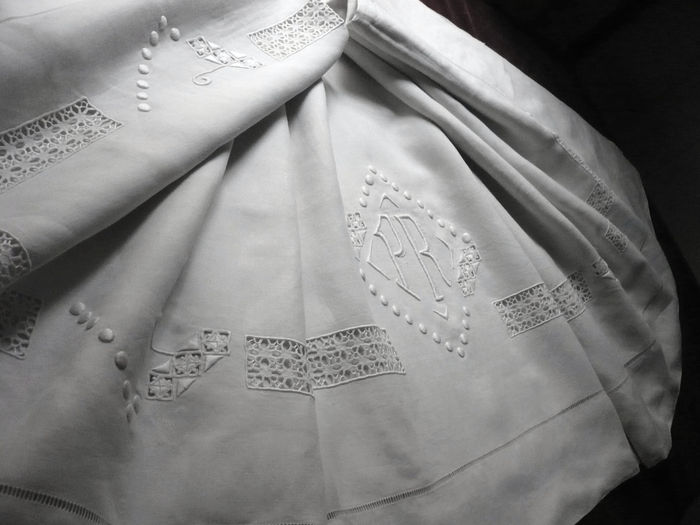 antique linen embroidered sheet monogram PR