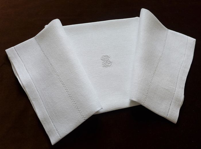 Antique Pebbled White Linen Napkin Service Monogram SG 