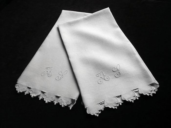 Antique linen damask hand towels monogrammed AS