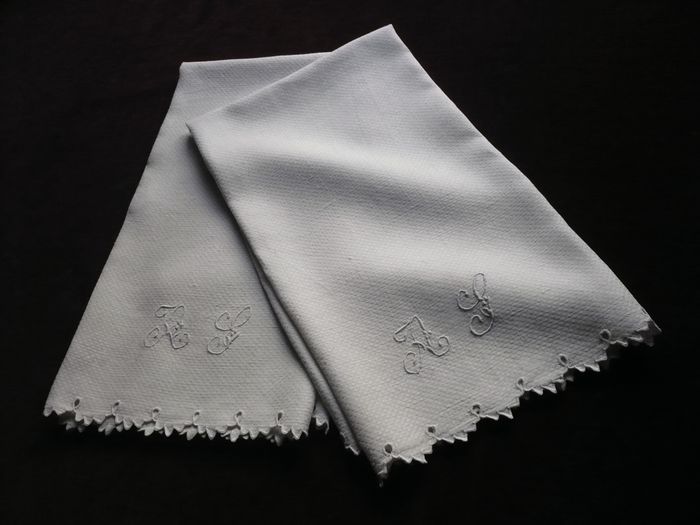 Antique linen damask hand towels monogrammed AS