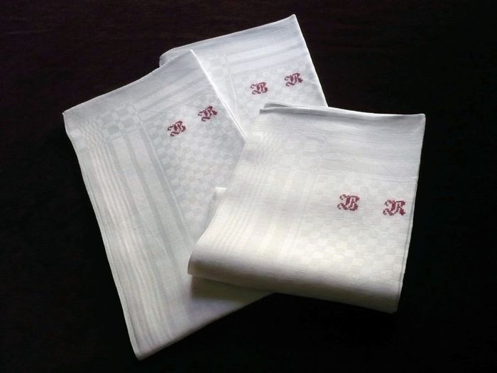 19th century linen damask kitchen towels mono BR