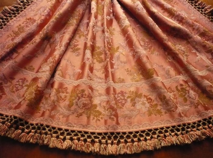 Vintage silk brocade table throw with fringed tassle border