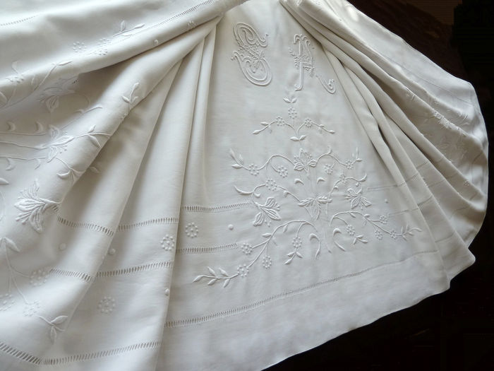 antique embroidered linen marriage sheet monogram SA