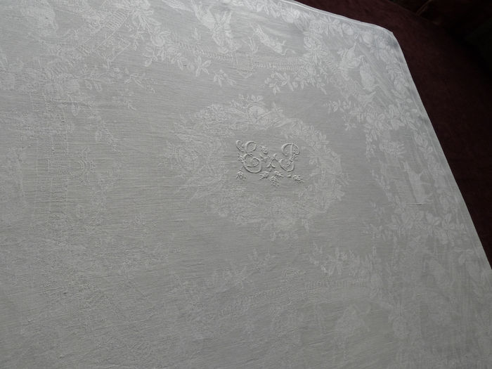 antique linen damask table service mono EP motif bullfight
