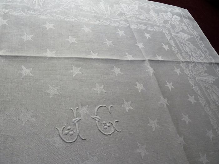 Antique linen damask 12 napkin service monogram JG