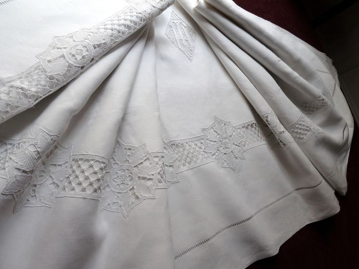 antique linen sheet and sham set with Venetian lace and monogram TH 
