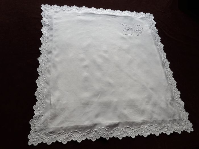 Stunning antique linen pillow shams monogrammed LP with floral embroidery and scalloped borders.