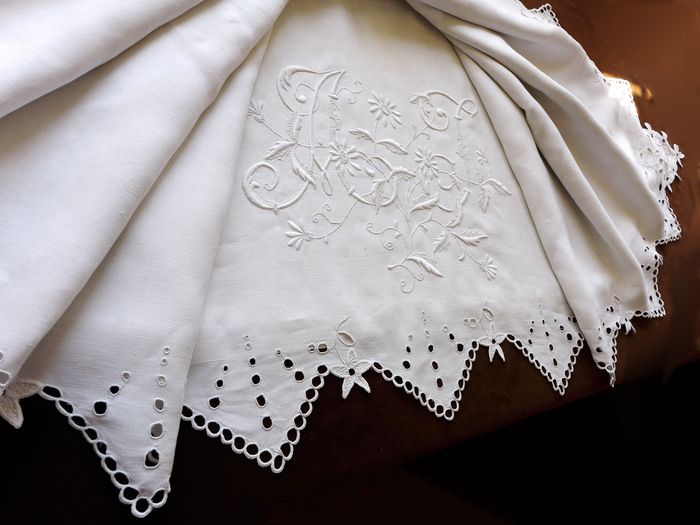  antique linen embroidered sheet monogram AJ