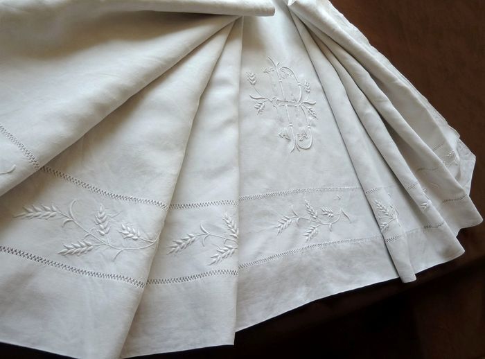  antique linen sheet monogram HB embroidered with wheat ears.