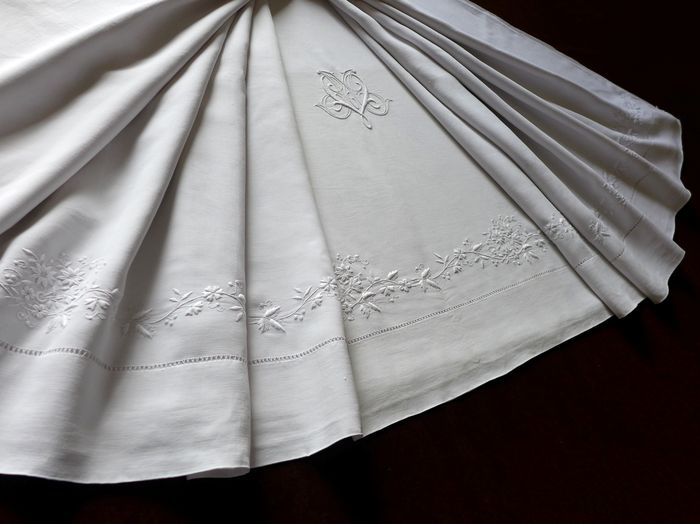 Antique Floral Embroidered Sheet Monogrammed MV