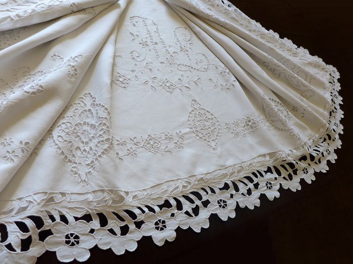 Elaborately Embroidered Linen Sheet Monogrammed ML 