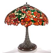 A Suess Ornamental Glass Company leaded glass and patinated bronze lamp