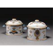 TWO SIMILAR CHINESE EXPORT ARMORIAL JARS AND COVERS